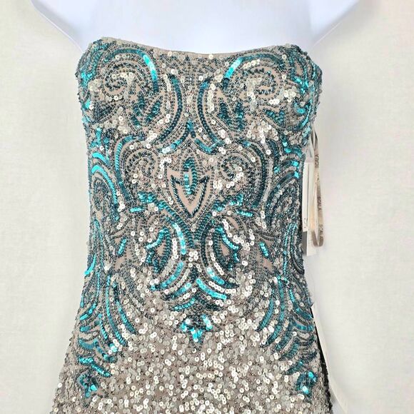Scala Sequin Beaded Mini Dress 48528 Size 8 NWT Silver Teal - Picture 4 of 7
